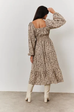 Floral Printed Tiered Midi Dress with Ruched Bust and Tie Front Detail