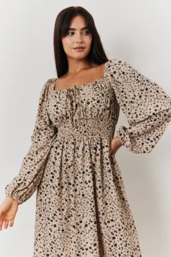 Floral Printed Tiered Midi Dress with Ruched Bust and Tie Front Detail