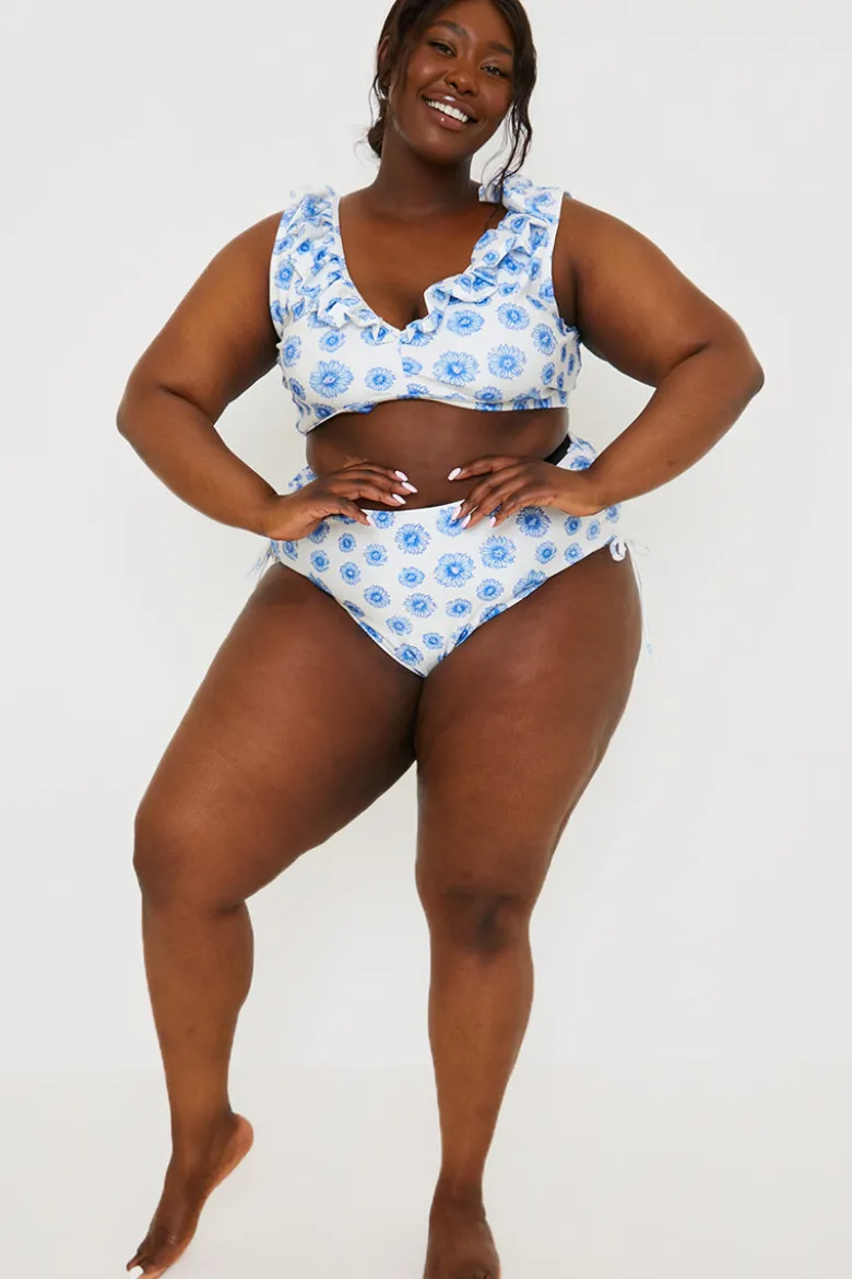 Floral Print High Waisted Bikini Bottoms With Ruched Sides