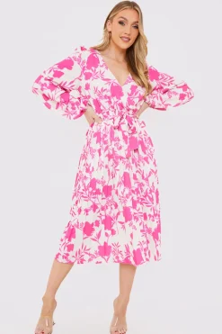 Floral Print Long Sleeve Pleated Midi Dress