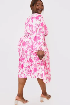 Floral Print Long Sleeve Pleated Midi Dress