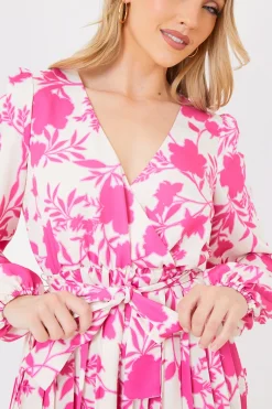 Floral Print Long Sleeve Pleated Midi Dress