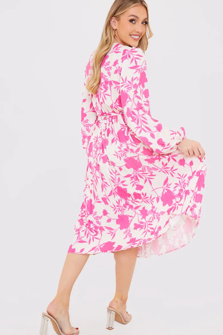 Floral Print Long Sleeve Pleated Midi Dress