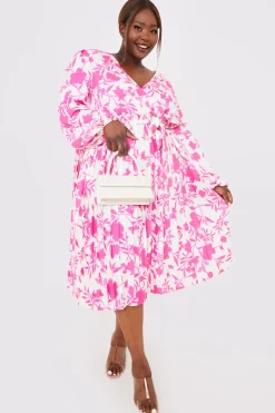 Floral Print Long Sleeve Pleated Midi Dress