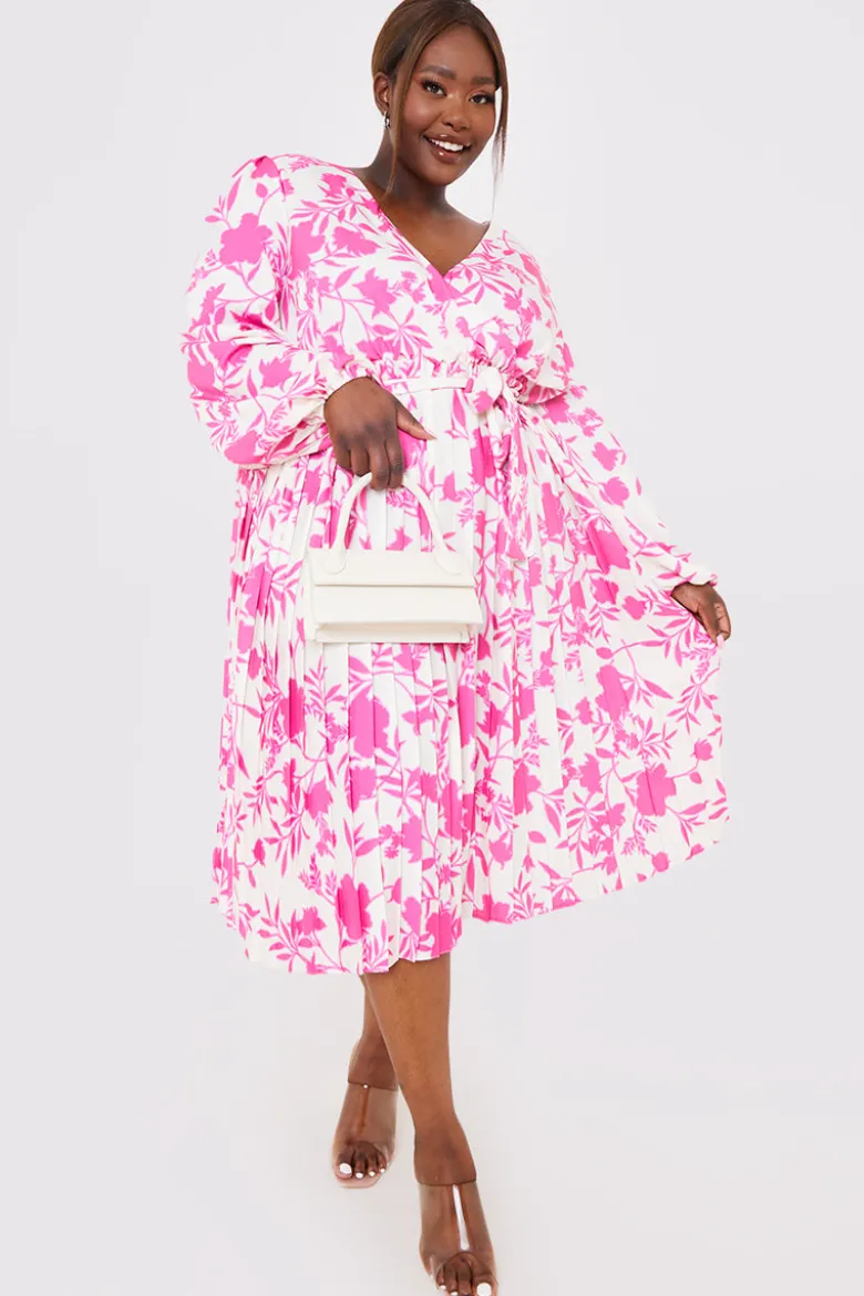 Floral Print Long Sleeve Pleated Midi Dress