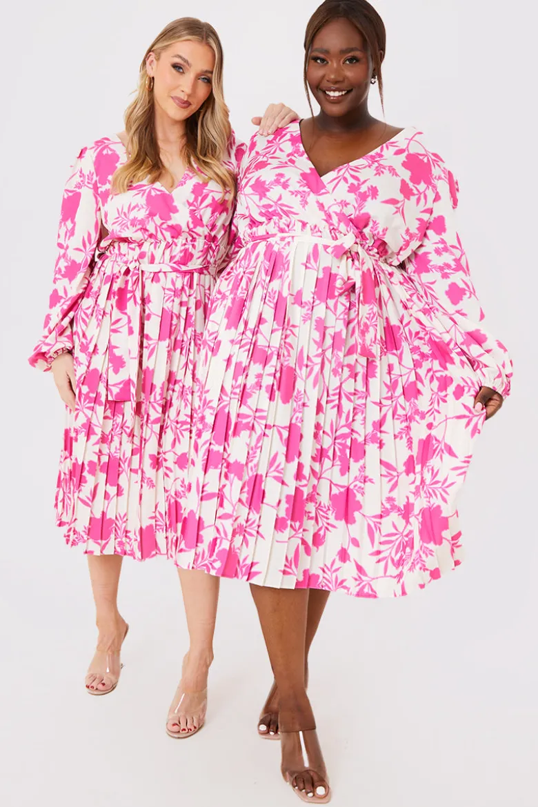 Floral Print Long Sleeve Pleated Midi Dress