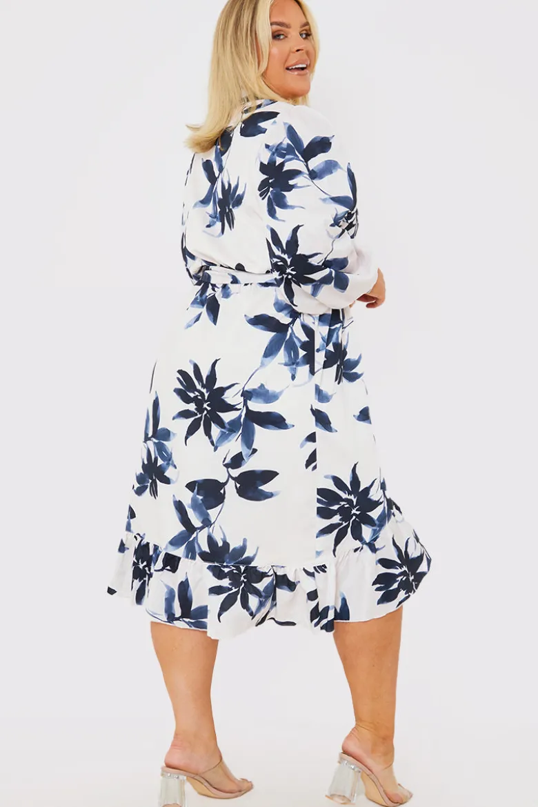 Floral Print Long Sleeve Wrap Frill Detail Midi Dress