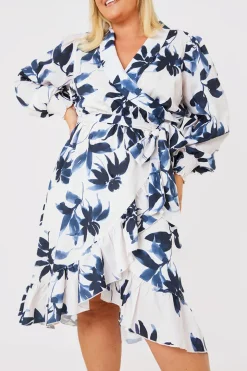 Floral Print Long Sleeve Wrap Frill Detail Midi Dress