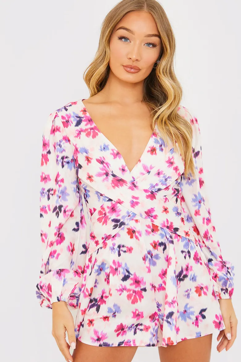 Floral Print Twist Front Balloon Sleeve Playsuit