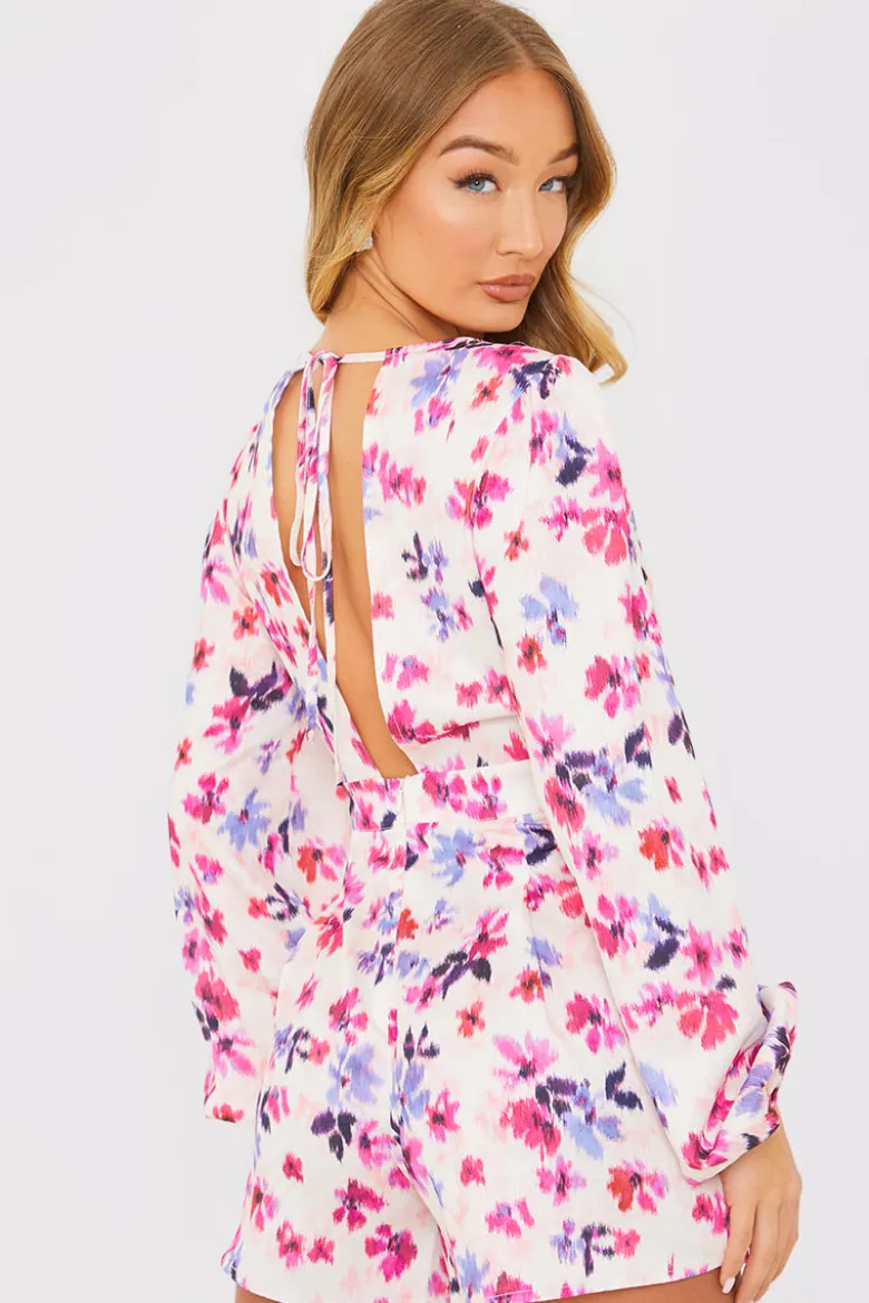 Floral Print Twist Front Balloon Sleeve Playsuit