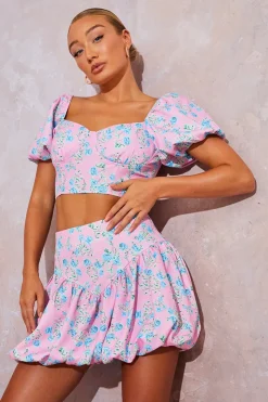 Floral Puffball Hem Mini Skirt