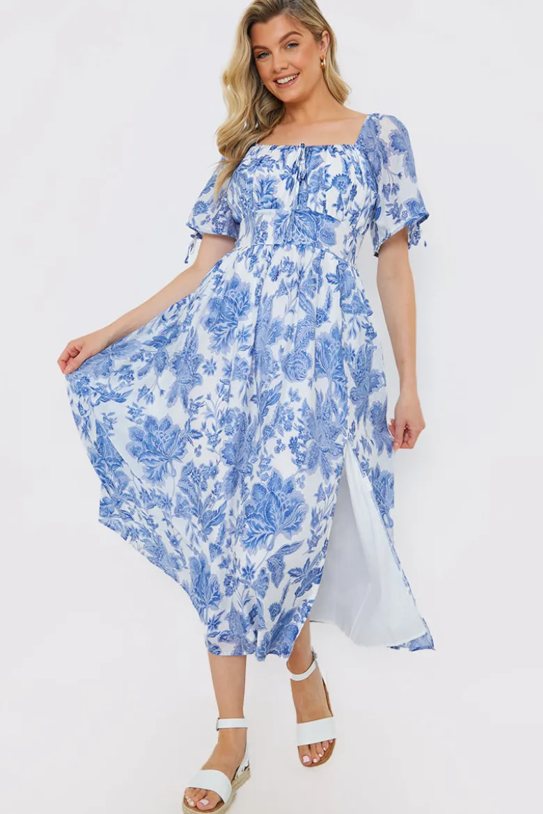 Floral Puff Sleeve Sweetheart Midi Dress
