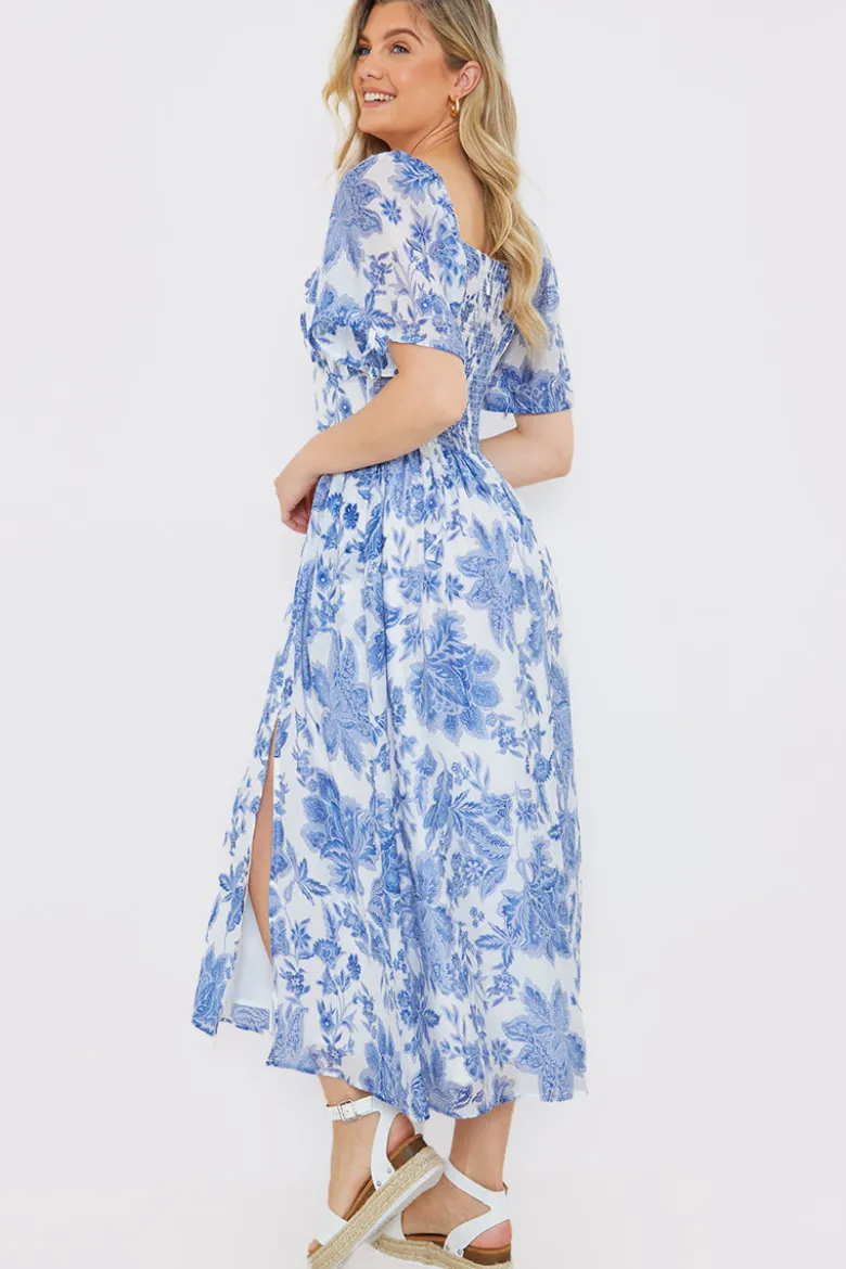 Floral Puff Sleeve Sweetheart Midi Dress