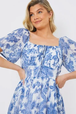 Floral Puff Sleeve Sweetheart Midi Dress