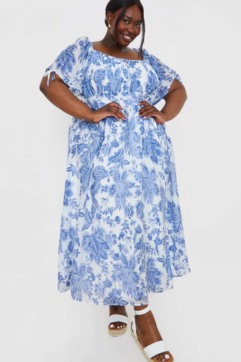 Floral Puff Sleeve Sweetheart Midi Dress