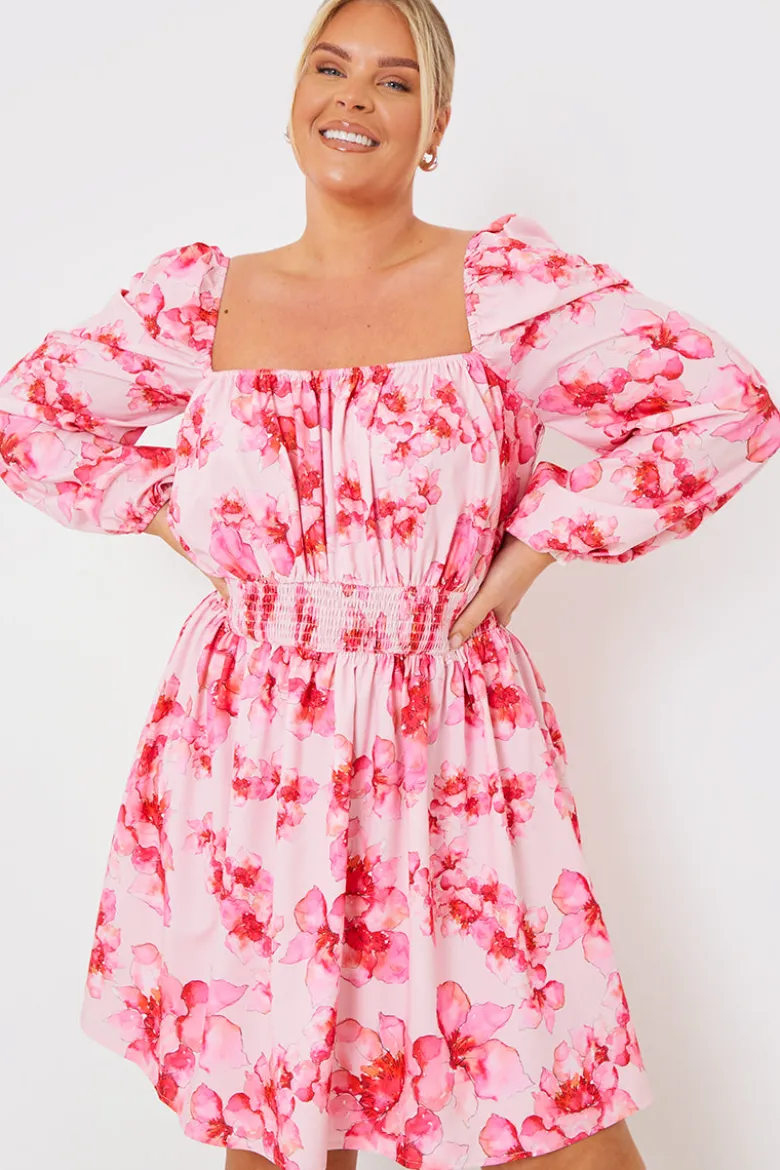 FLORAL SHIRRED WAIST MINI DRESS