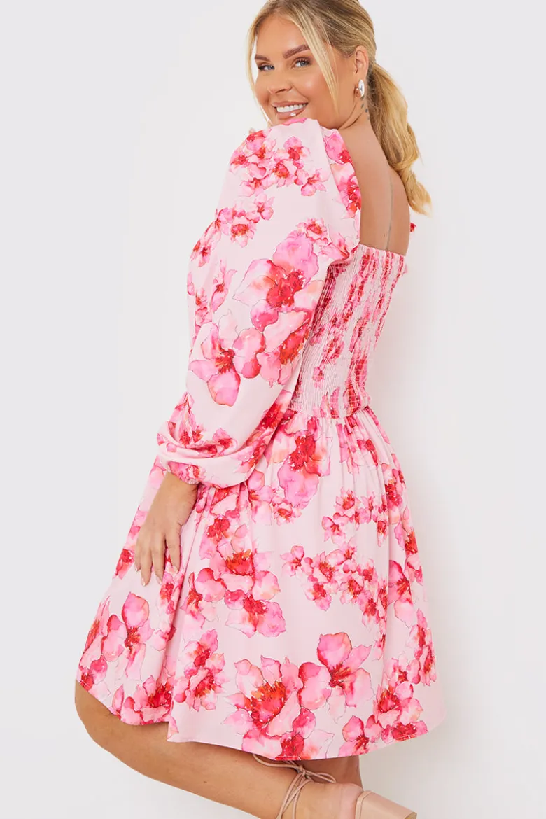 FLORAL SHIRRED WAIST MINI DRESS