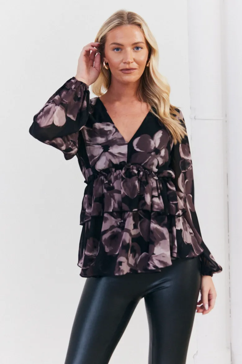 Floral V Neck Frill Detail Blouse