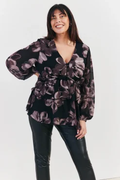 Floral V Neck Frill Detail Blouse