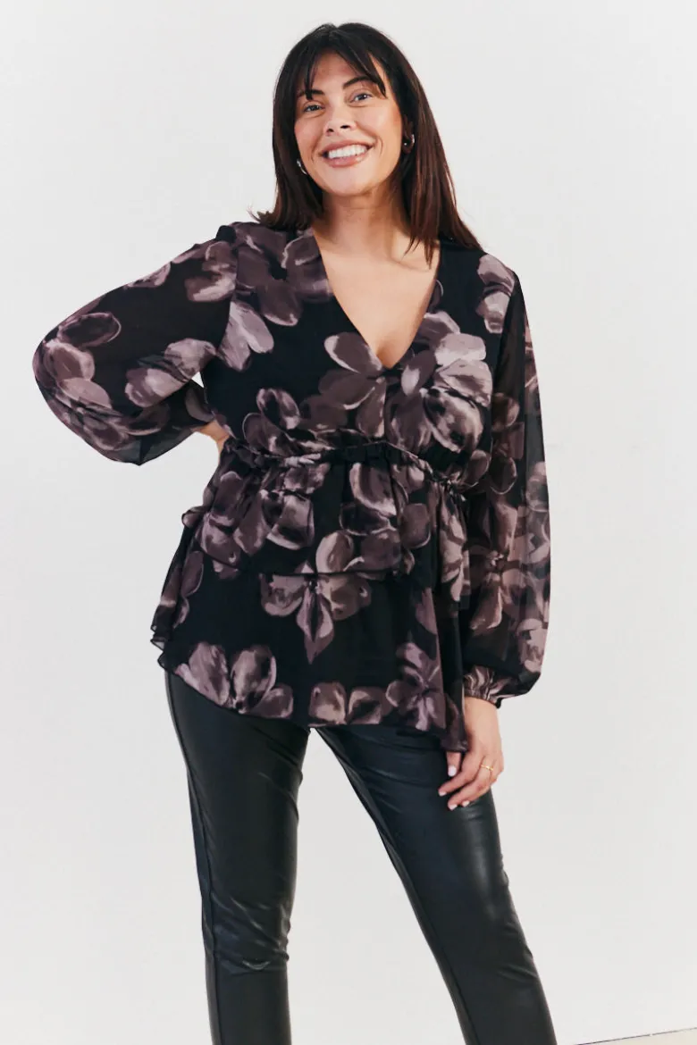 Floral V Neck Frill Detail Blouse
