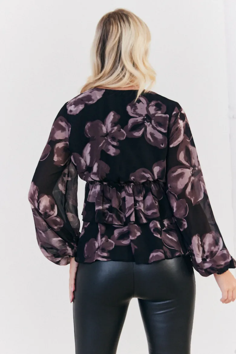 Floral V Neck Frill Detail Blouse