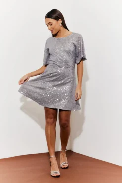 Flutter Sleeve Cowl Back Sequin Mini Dress