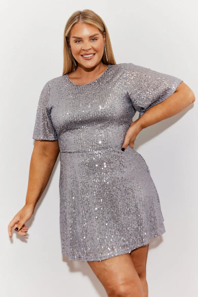 Flutter Sleeve Cowl Back Sequin Mini Dress