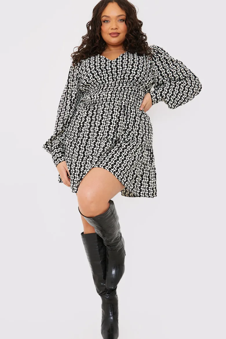 Geo Print Shirred Waist Skater Dress