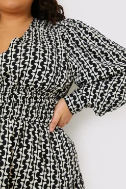 Geo Print Shirred Waist Skater Dress