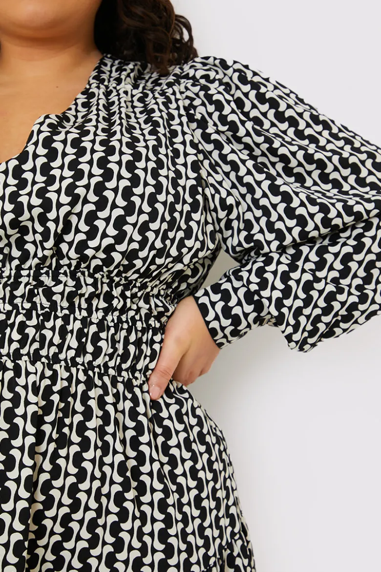 Geo Print Shirred Waist Skater Dress