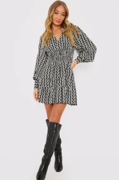 Geo Print Shirred Waist Skater Dress