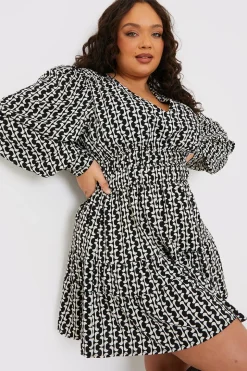 Geo Print Shirred Waist Skater Dress