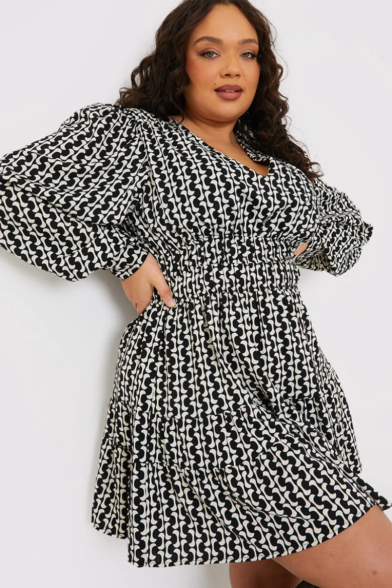 Geo Print Shirred Waist Skater Dress