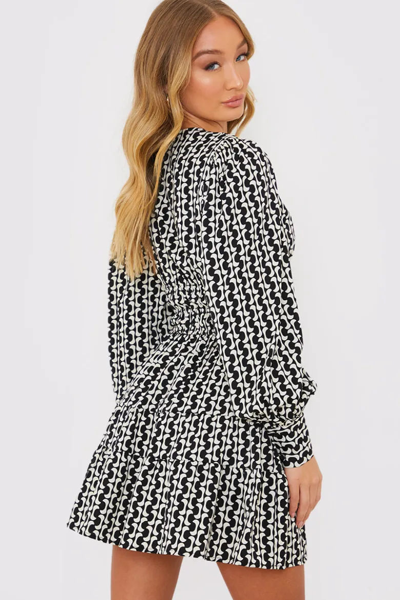 Geo Print Shirred Waist Skater Dress