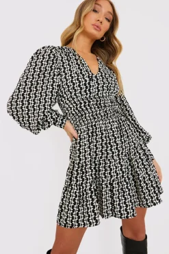 Geo Print Shirred Waist Skater Dress