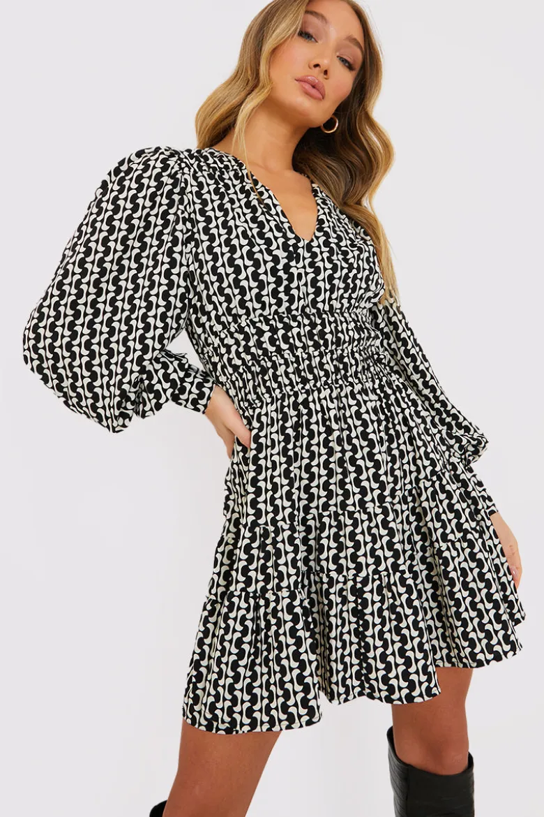 Geo Print Shirred Waist Skater Dress