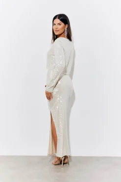 Gold Sequin Slit Detail Midi Skirt