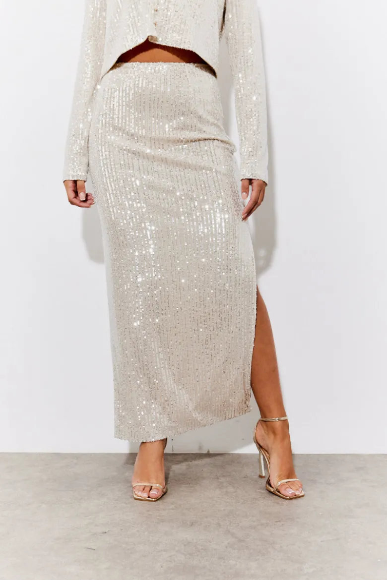 Gold Sequin Slit Detail Midi Skirt