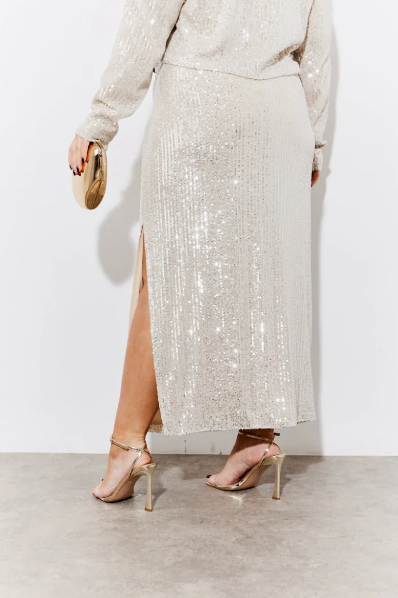 Gold Sequin Slit Detail Midi Skirt