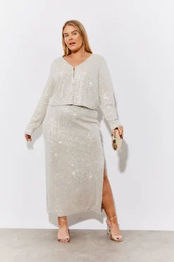 Gold Sequin Slit Detail Midi Skirt