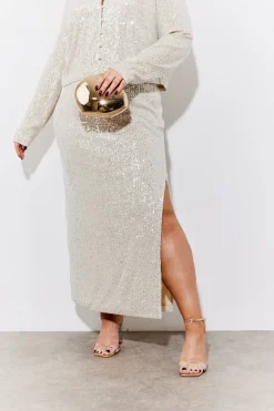 Gold Sequin Slit Detail Midi Skirt