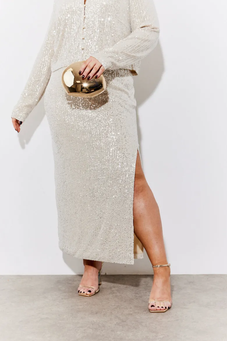Gold Sequin Slit Detail Midi Skirt