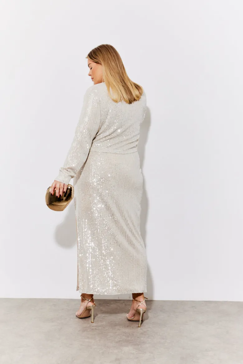Gold Sequin Slit Detail Midi Skirt