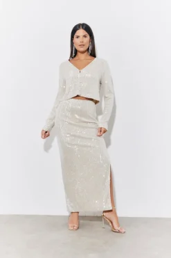 Gold Sequin Slit Detail Midi Skirt