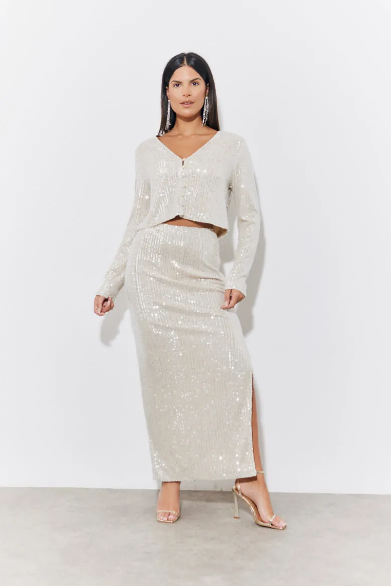 Gold Sequin Slit Detail Midi Skirt