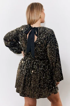 Gold Velvet Sequin Bow Back Smock Dress