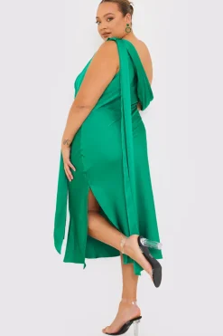 Green Satin Asymmetric Neckline Midi Dress