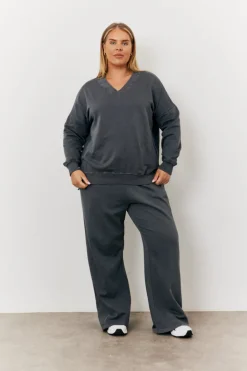 Grey Wash V Neck Split Hem Sweatshirt
