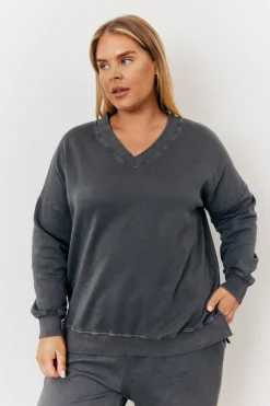 Grey Wash V Neck Split Hem Sweatshirt
