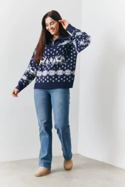Half Zip Reindeer Fairisle Knitted Jumper